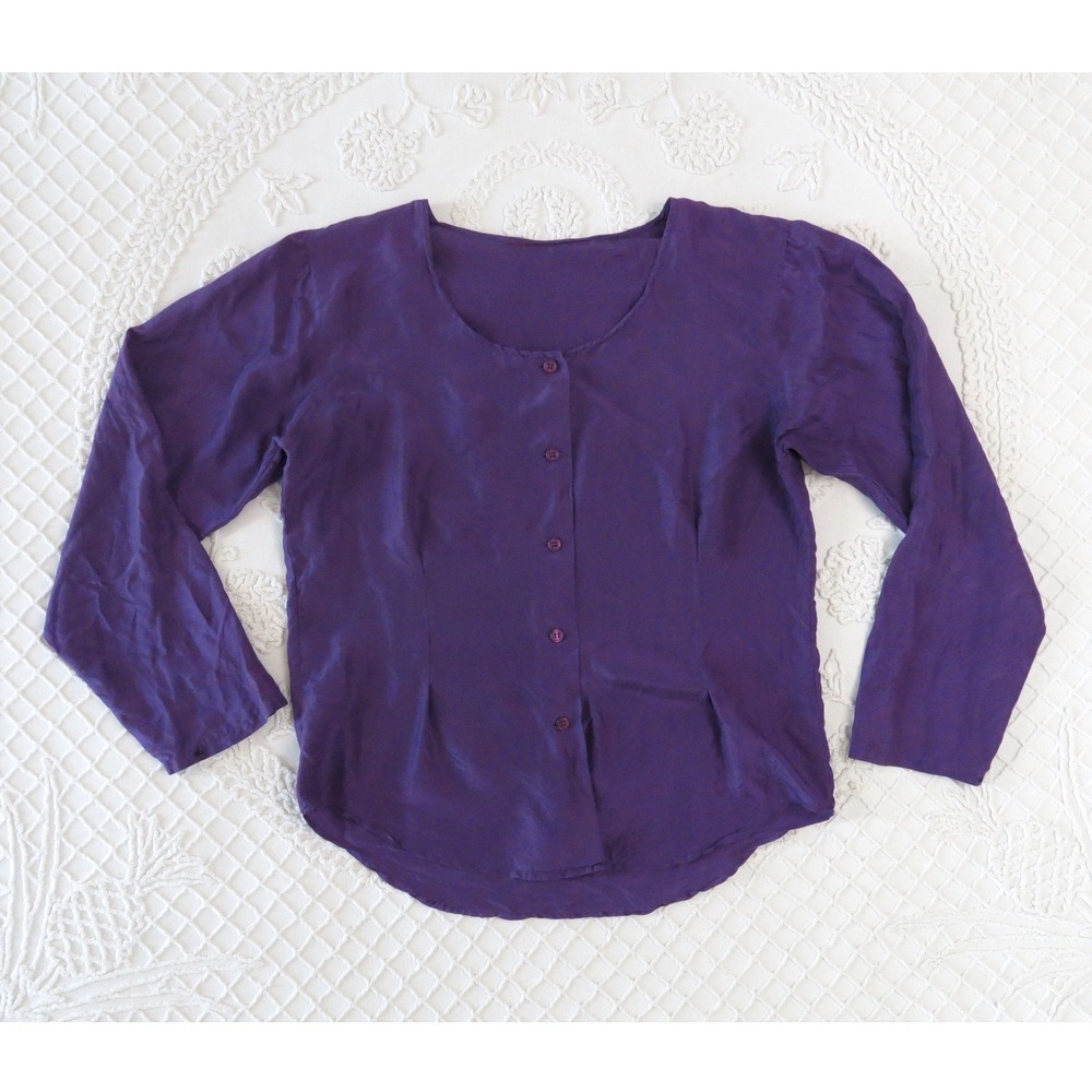 Vintage Purple Silk Button Down Scoop Neck Poet Blouse Whimsigoth Fairycore